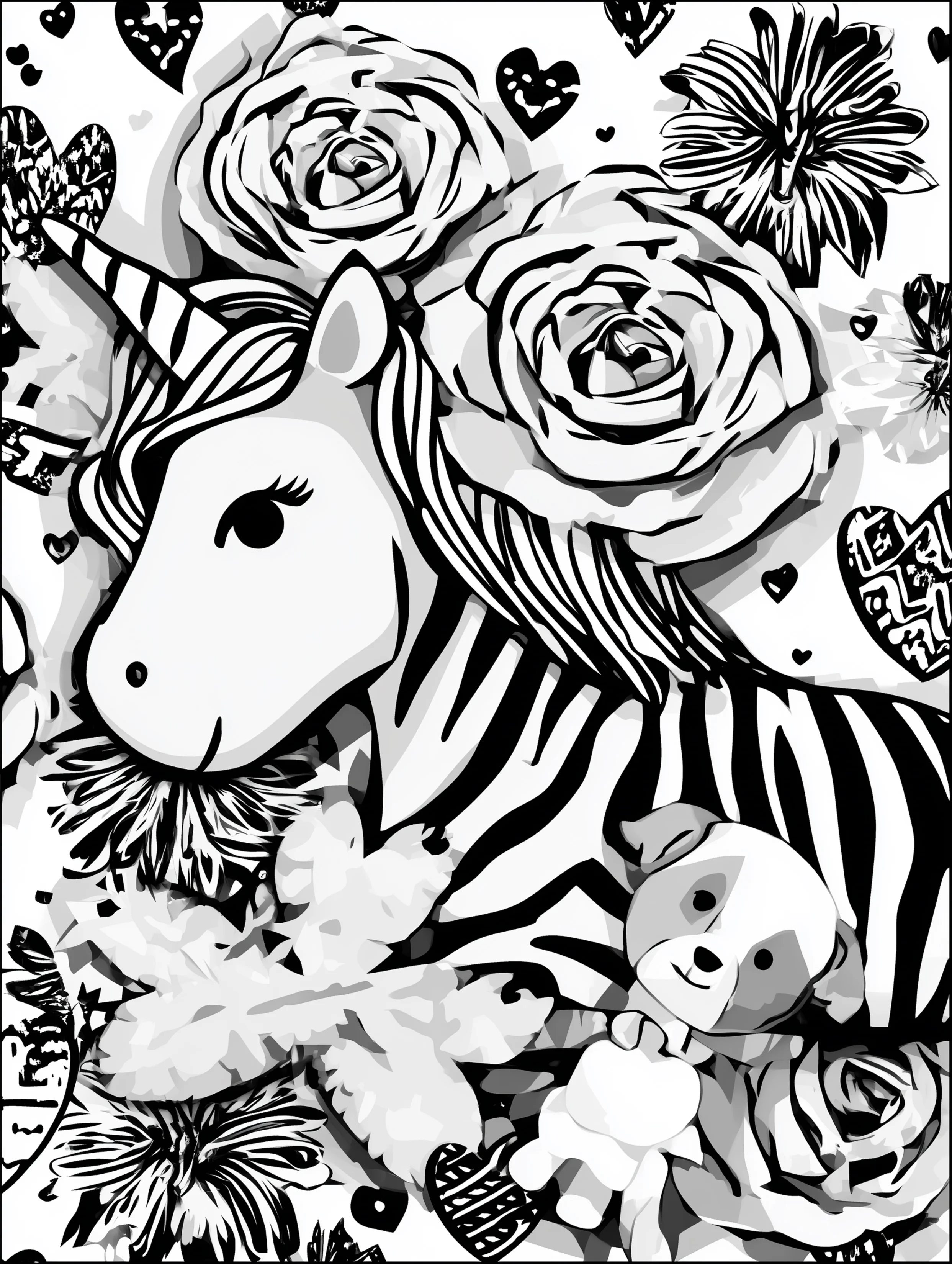 Free printable unicorn coloring page for adults featuring a dog doll with a unicorn